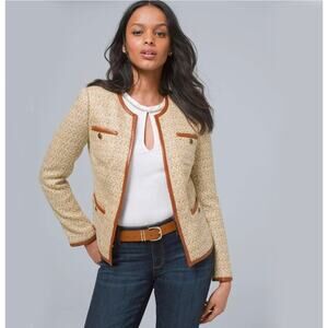 White House Black Market brown faux leather trim tweed blazer sz 6 equestrian